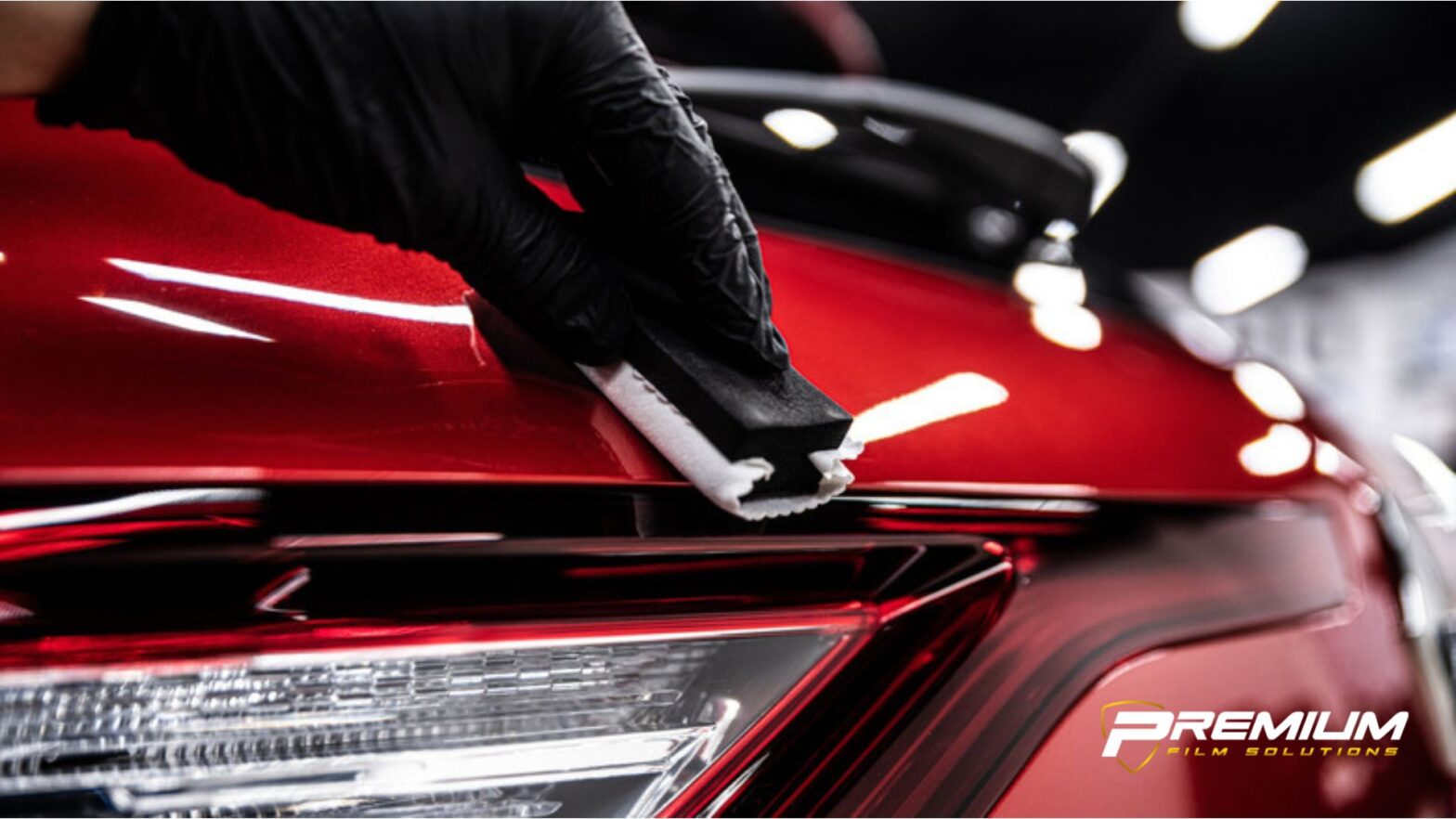A gloved hand applies ceramic coating to a red car near the taillight using a small applicator block, creating a deep glossy finish under bright shop lights. The logo "PREMIUM FILM SOLUTIONS" appears in the bottom right corner.
